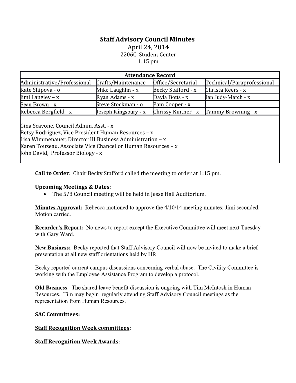 Staff Advisory Council Minutes