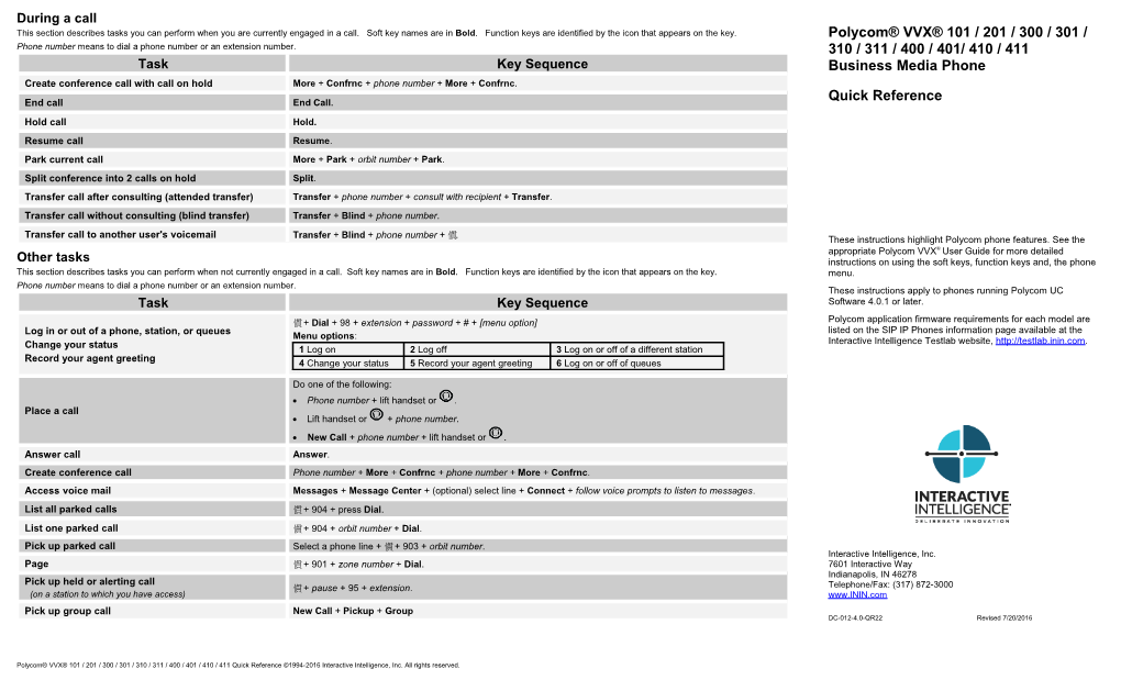 Polycom VVX 300 / 310 / 400 / 410 Business Media Phone Quick Reference