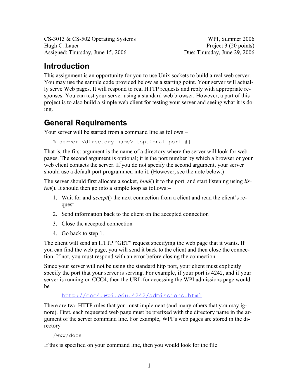 CS 502 Operating Systems WPI, Fall 2003