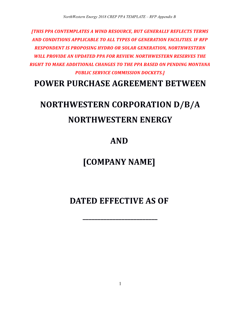 Northwestern Energy 2018 CREP PPA TEMPLATE RFP Appendix B