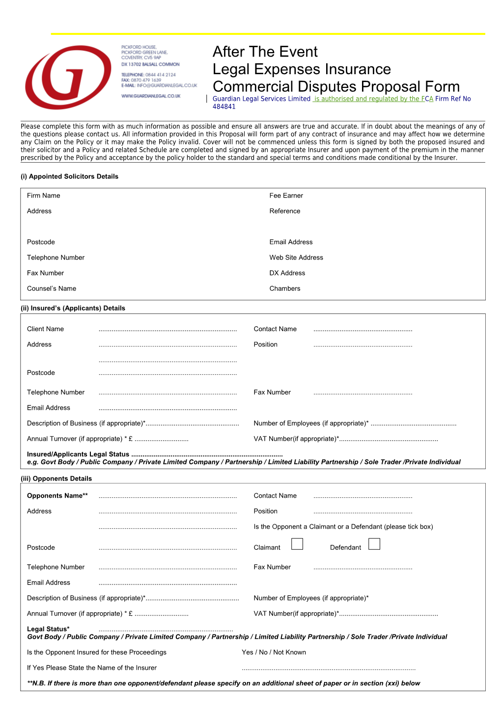 Guardian Legal Services ATE Insurance Proposal Form - Commercial Disputes