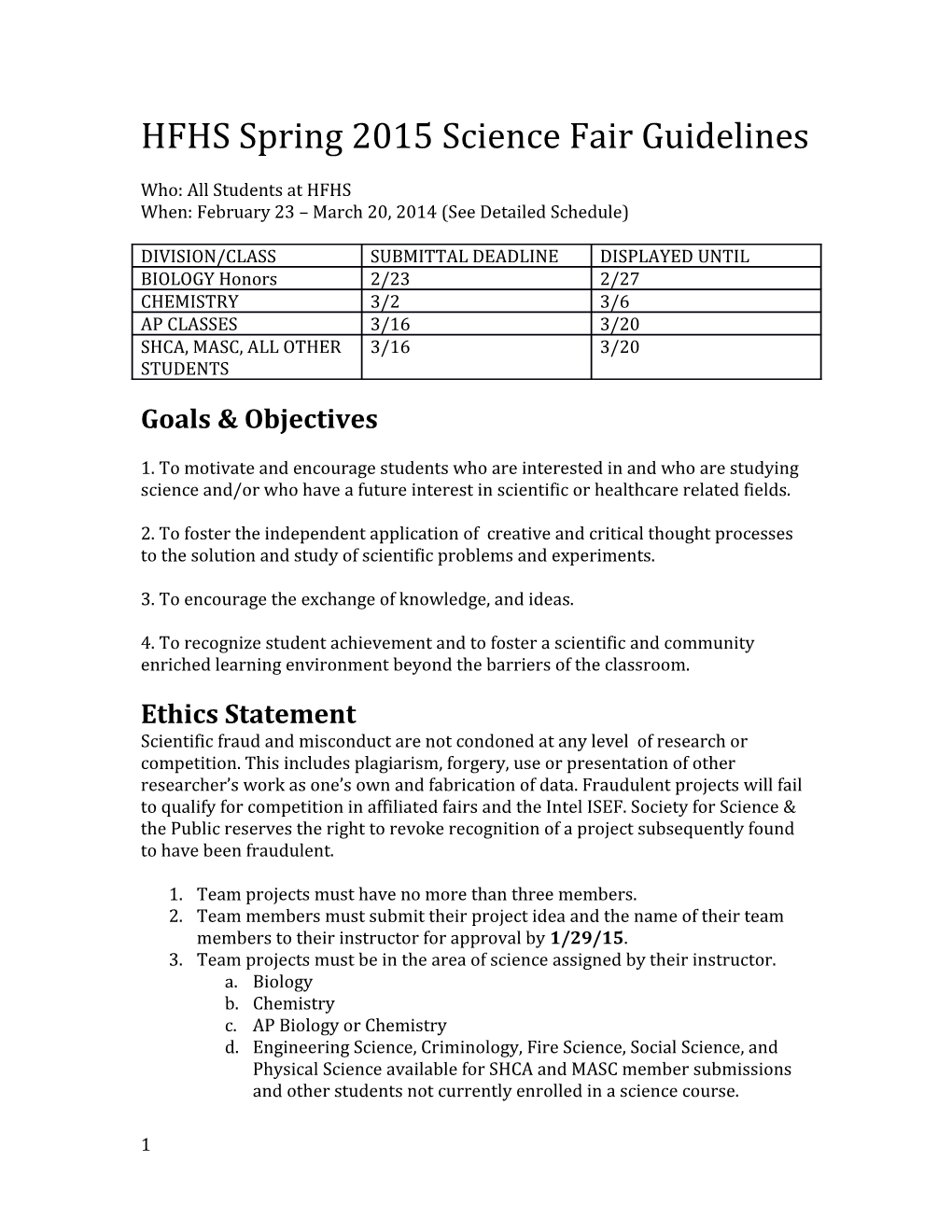 HFHS Spring 2015 Science Fair Guidelines