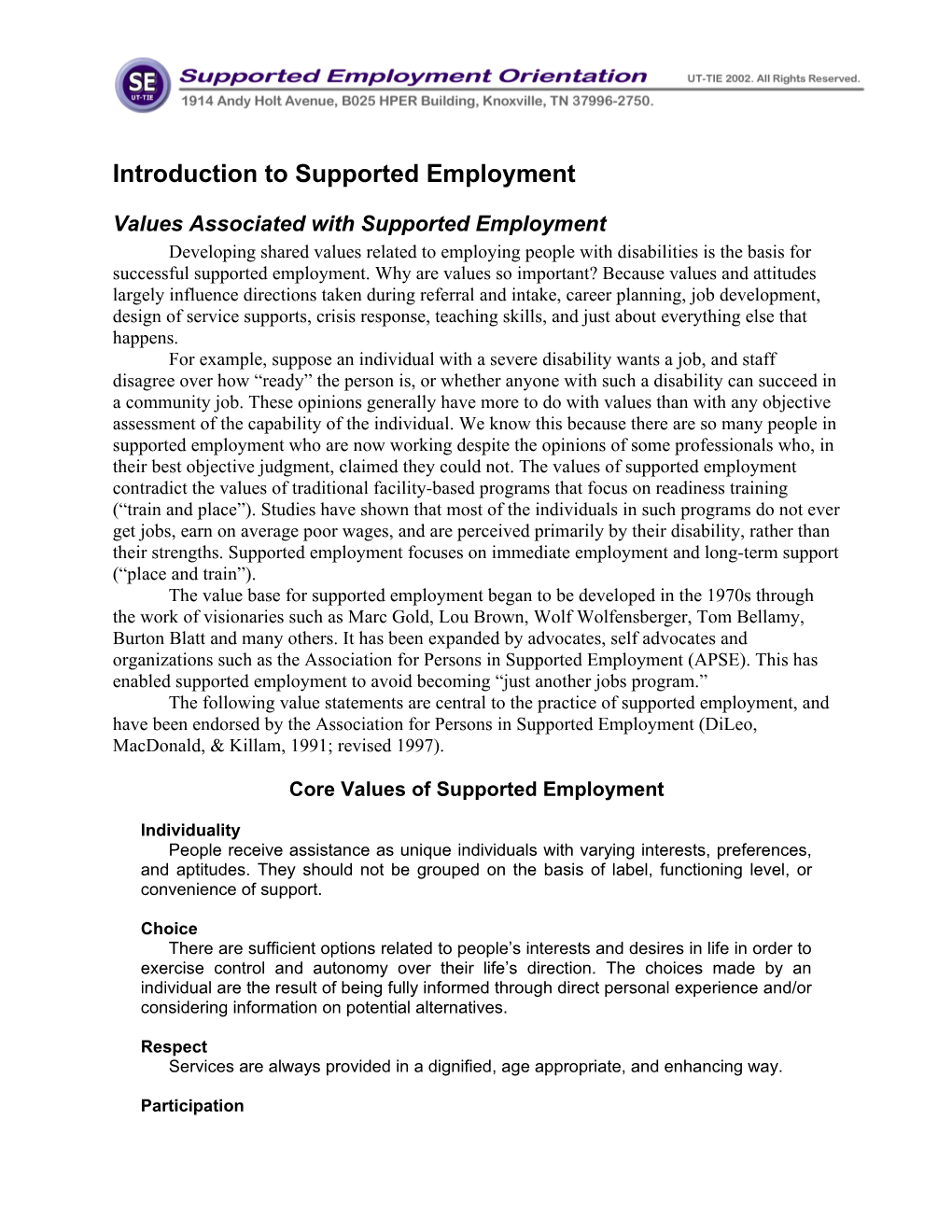 Values Associated with Supported Employment