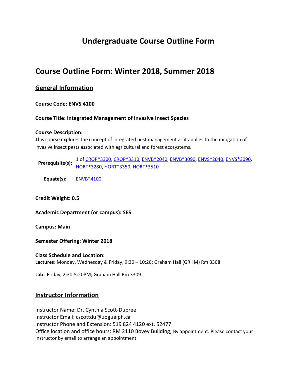 Course Outline Form: Winter 2018, Summer 2018