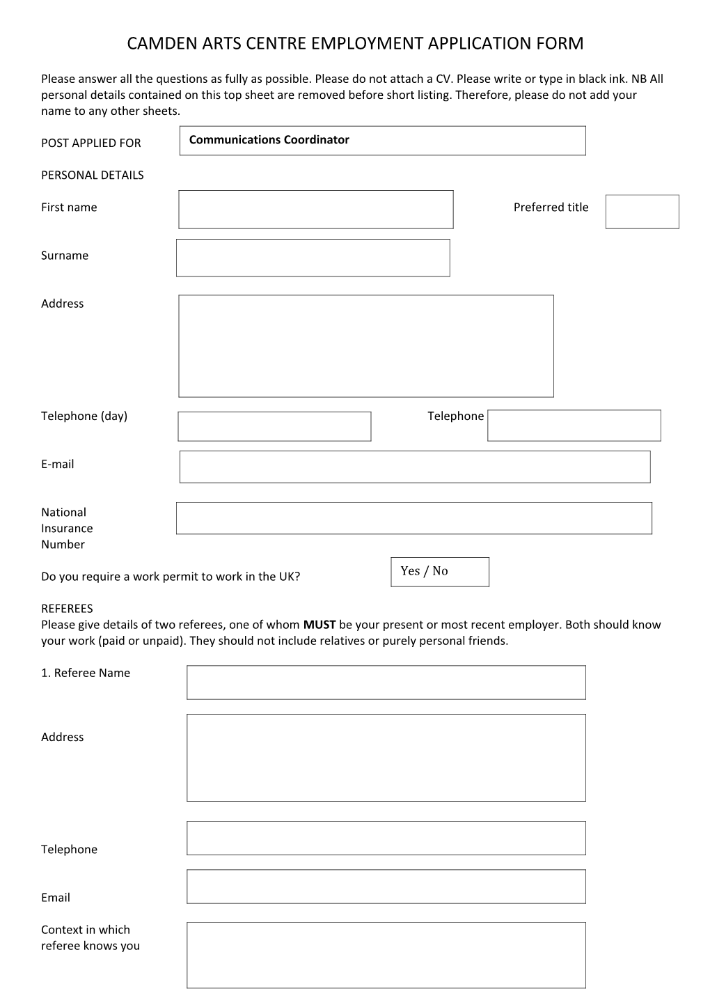 Camden Arts Centreemployment Application Form