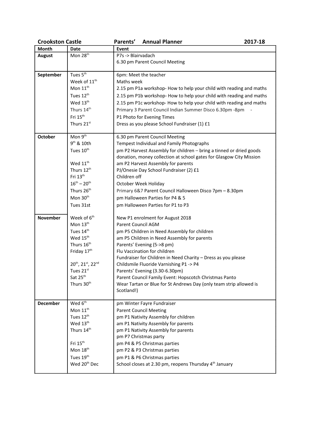 Crookston Castle Parents Annual Planner2017-18