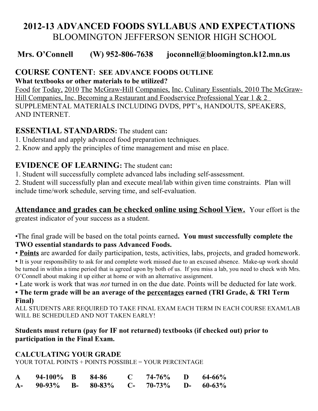 2012-13 Advanced Foods Syllabus and Expectations