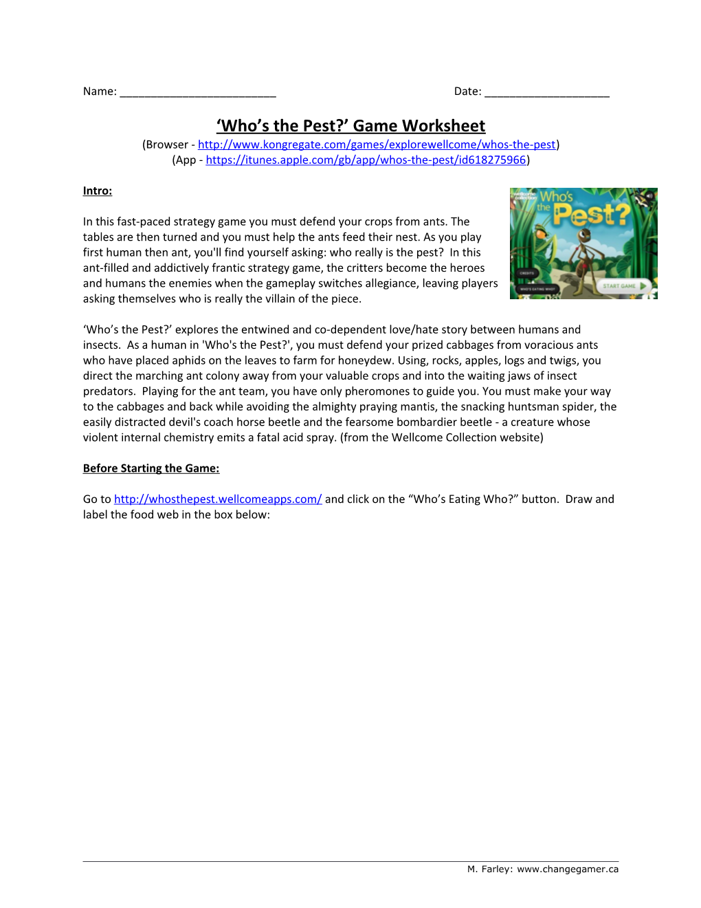 Who S the Pest? Game Worksheet