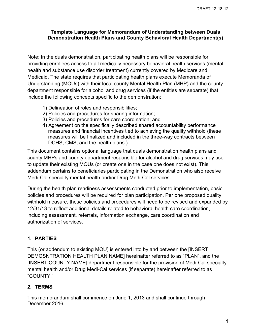 Template Language for Memorandum of Understanding Between Duals Demonstration Health Plans