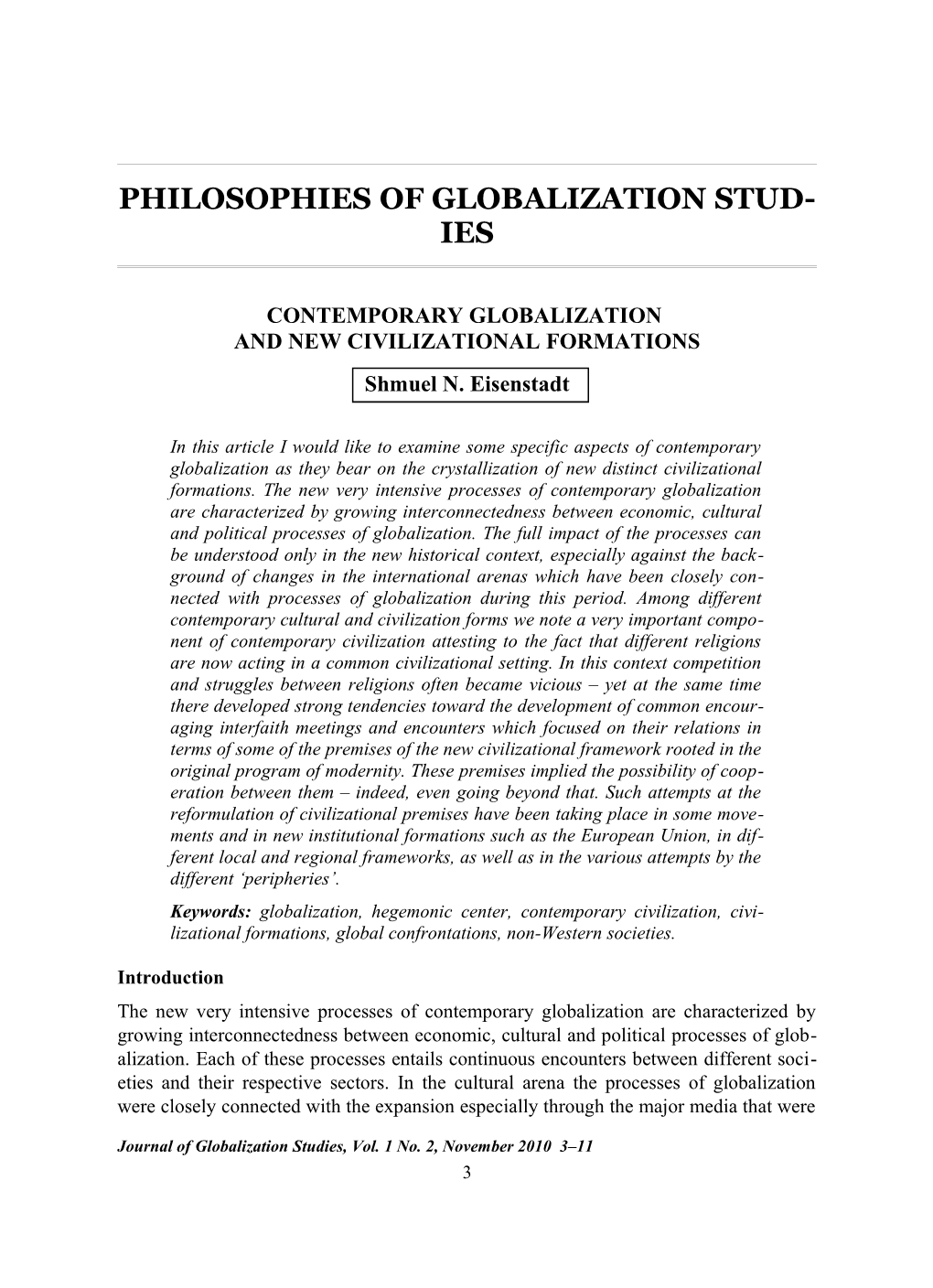 Eisenstadt Contemporary Globalization and New Civilizational Formations