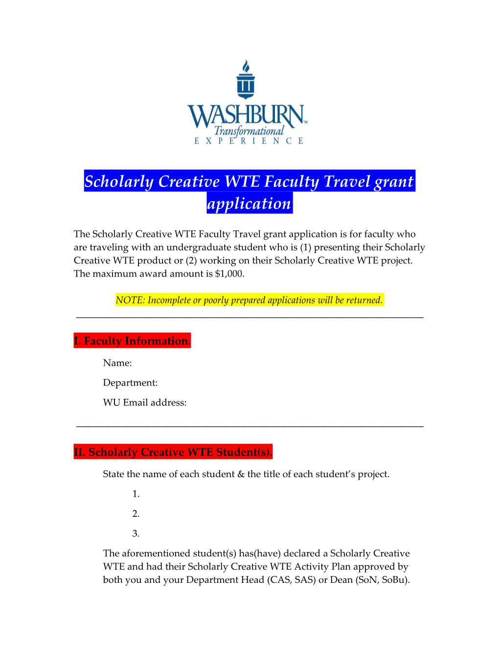 Scholarly Creative WTE Faculty Travel Grant Application