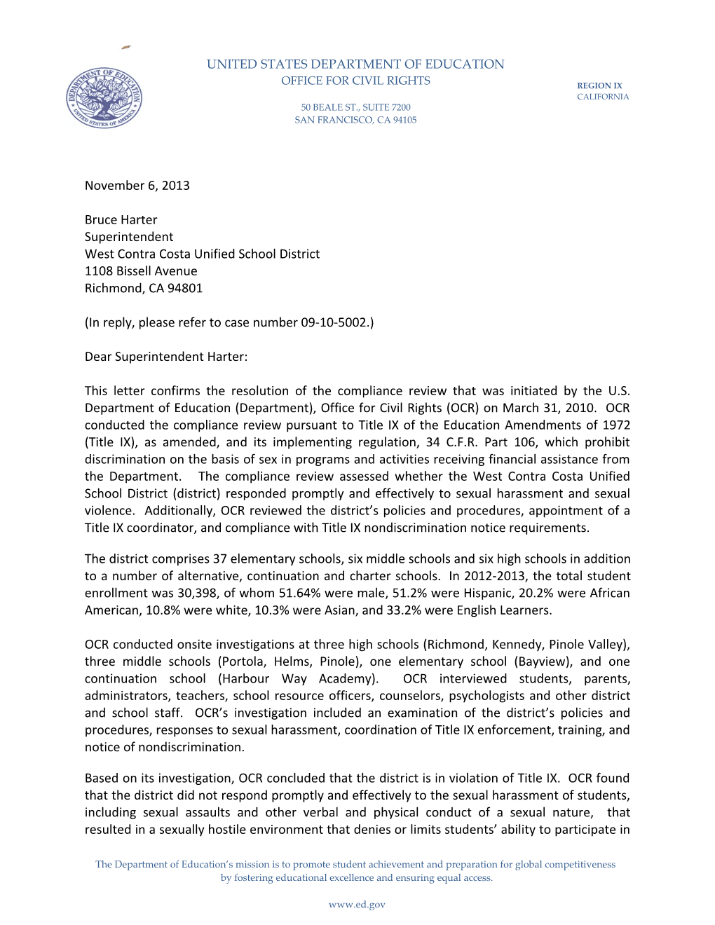 Resolution Letter to West Contra Costa Unified School District, California: Compliance