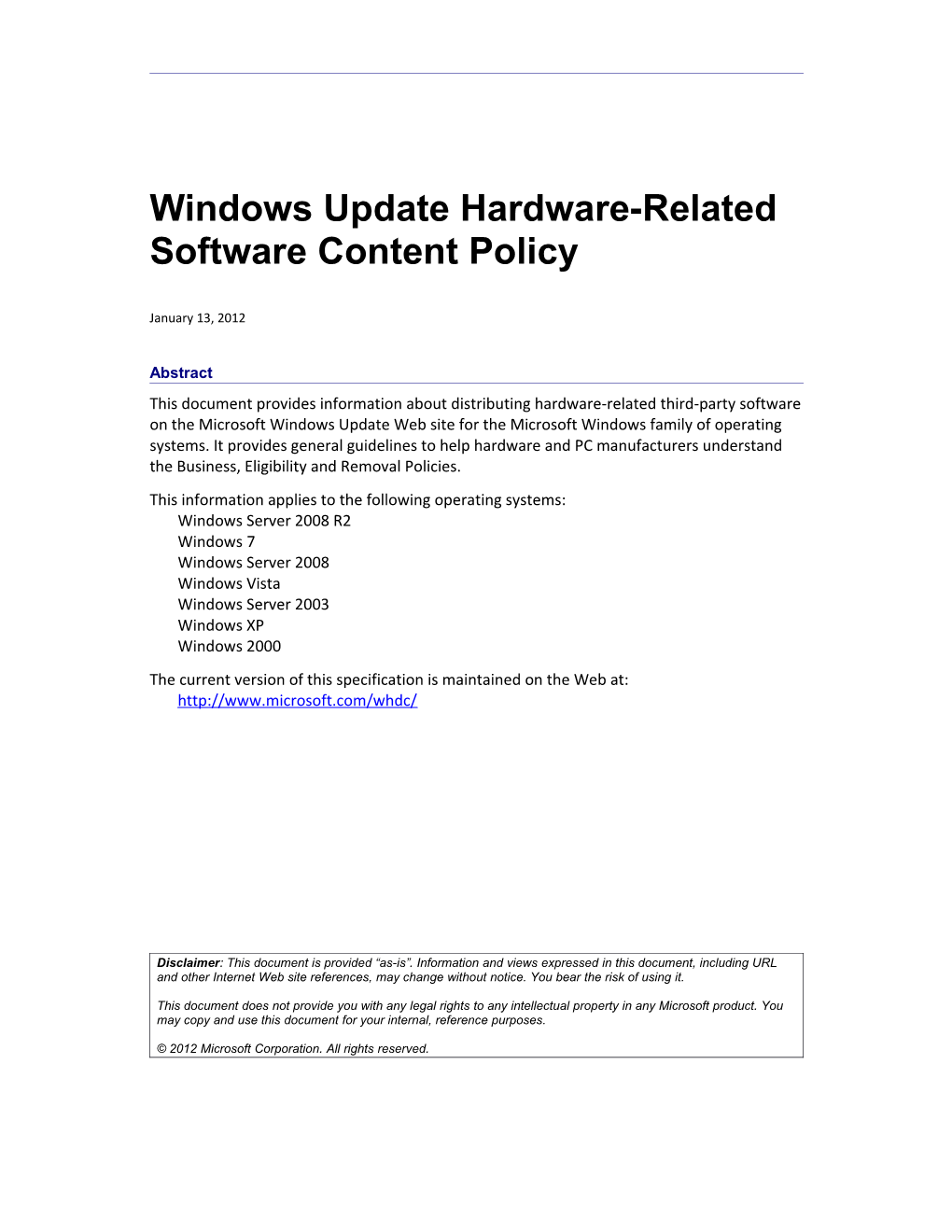 Windows Update Hardware-Related Software Content Policy - 1