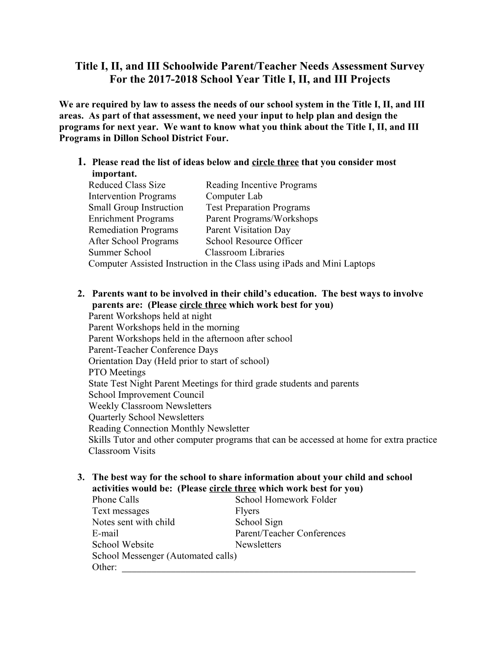 Title I, II, and III Schoolwide Parent/Teacher Needs Assessment Survey