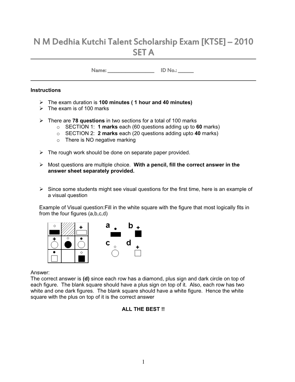 N M Dedhia Kutchi Talent Scholarship Exam KTSE 2010