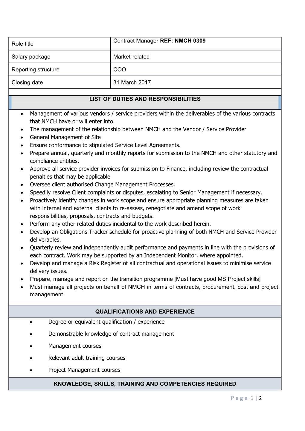 The Management of the Relationship Between NMCH and the Vendor / Service Provider