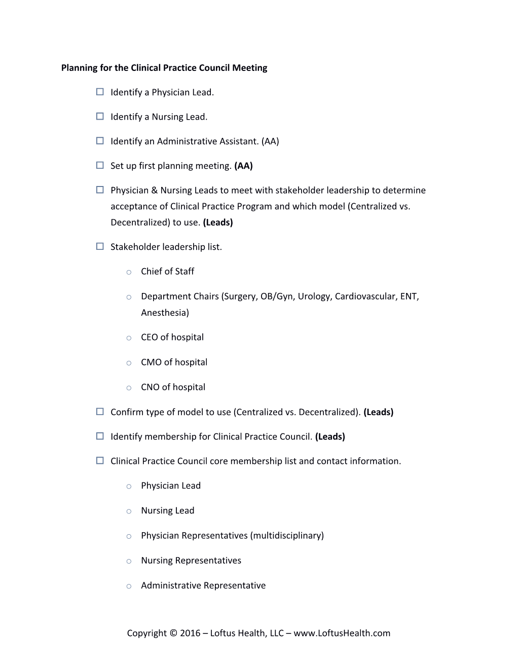 Planning for the Clinical Practice Council Meeting