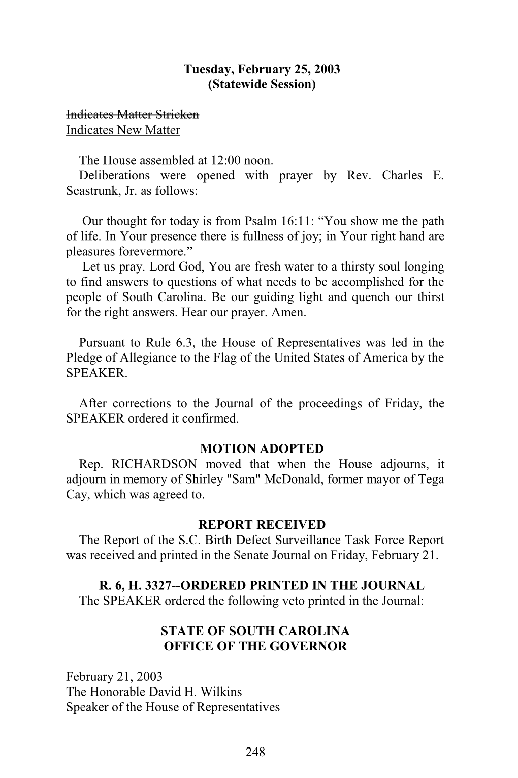 House Journal for Feb. 25, 2003 - South Carolina Legislature Online