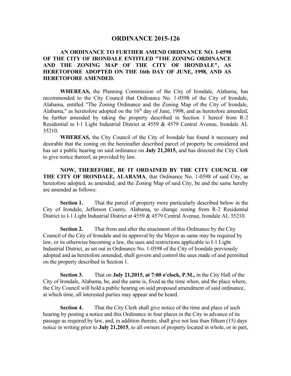 An Ordinance to Further Amend Ordinance No. 1-0598 of the City of Irondale Entitled The
