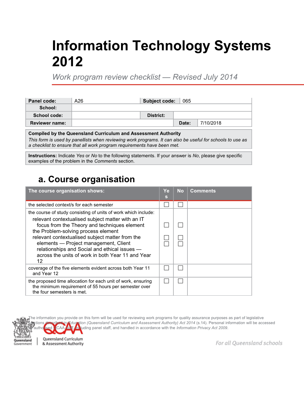 Information Technology Systems (2012) Work Program Review Checklist