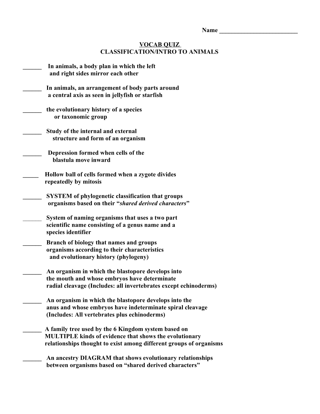 Animal Classification Vocab