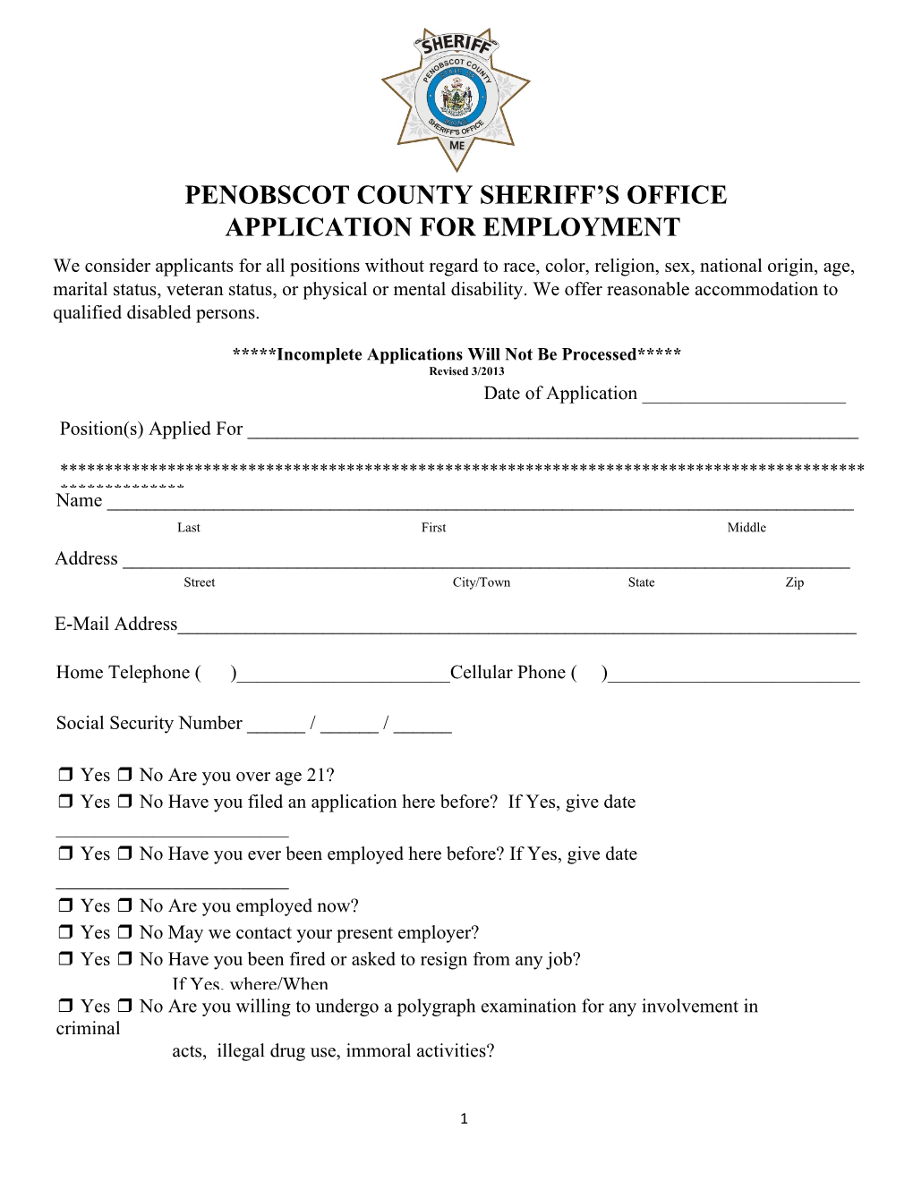 Penobscot County Sheriff Employment App.Pmd