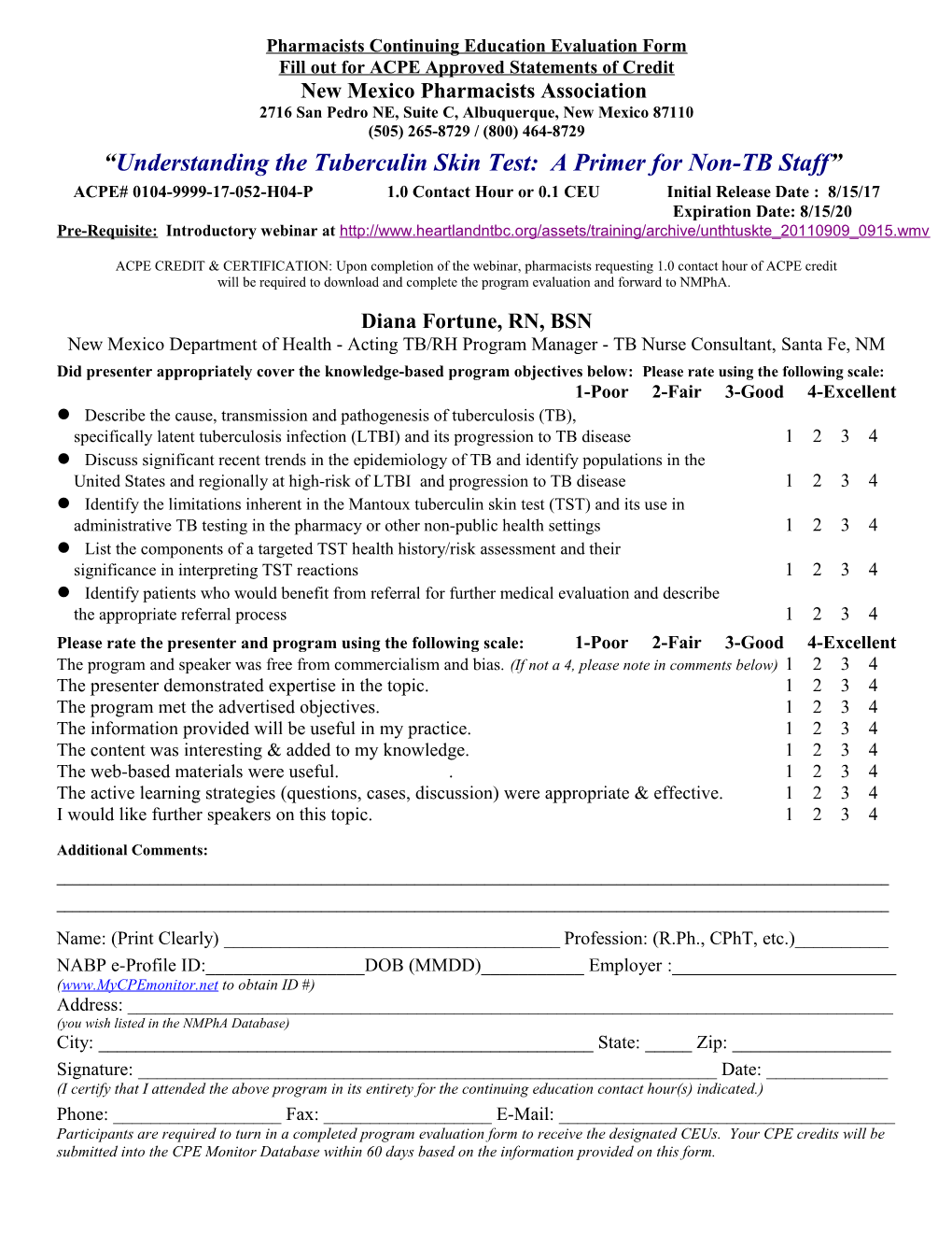 Continuing Education Evaluation Form - Fill out to Get CE Credit