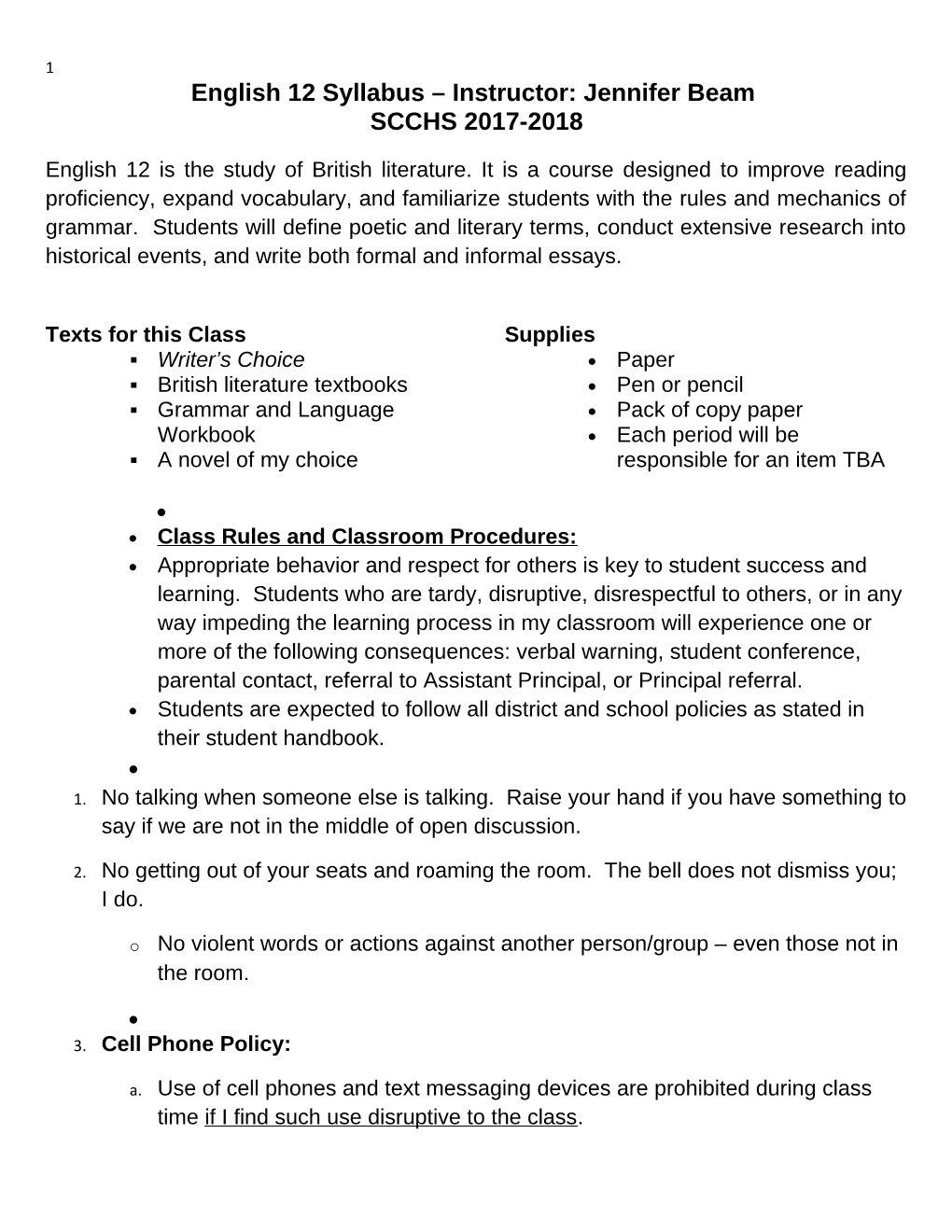 English 12 Syllabus Instructor: Jennifer Beam