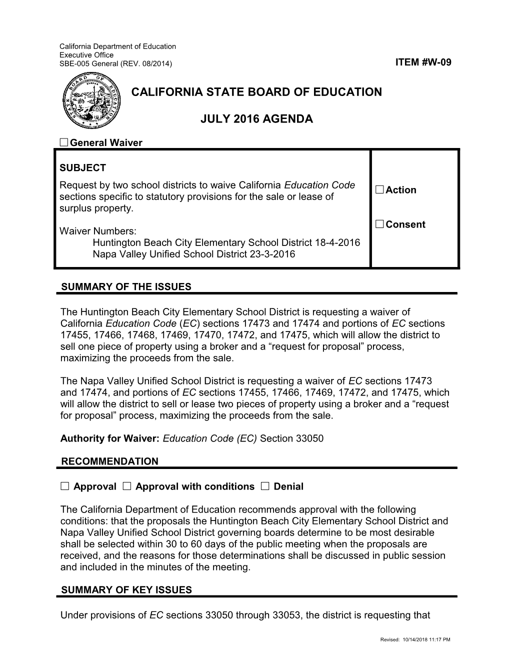July 2016 Waiver Item W-09 - Meeting Agendas (CA State Board of Education)