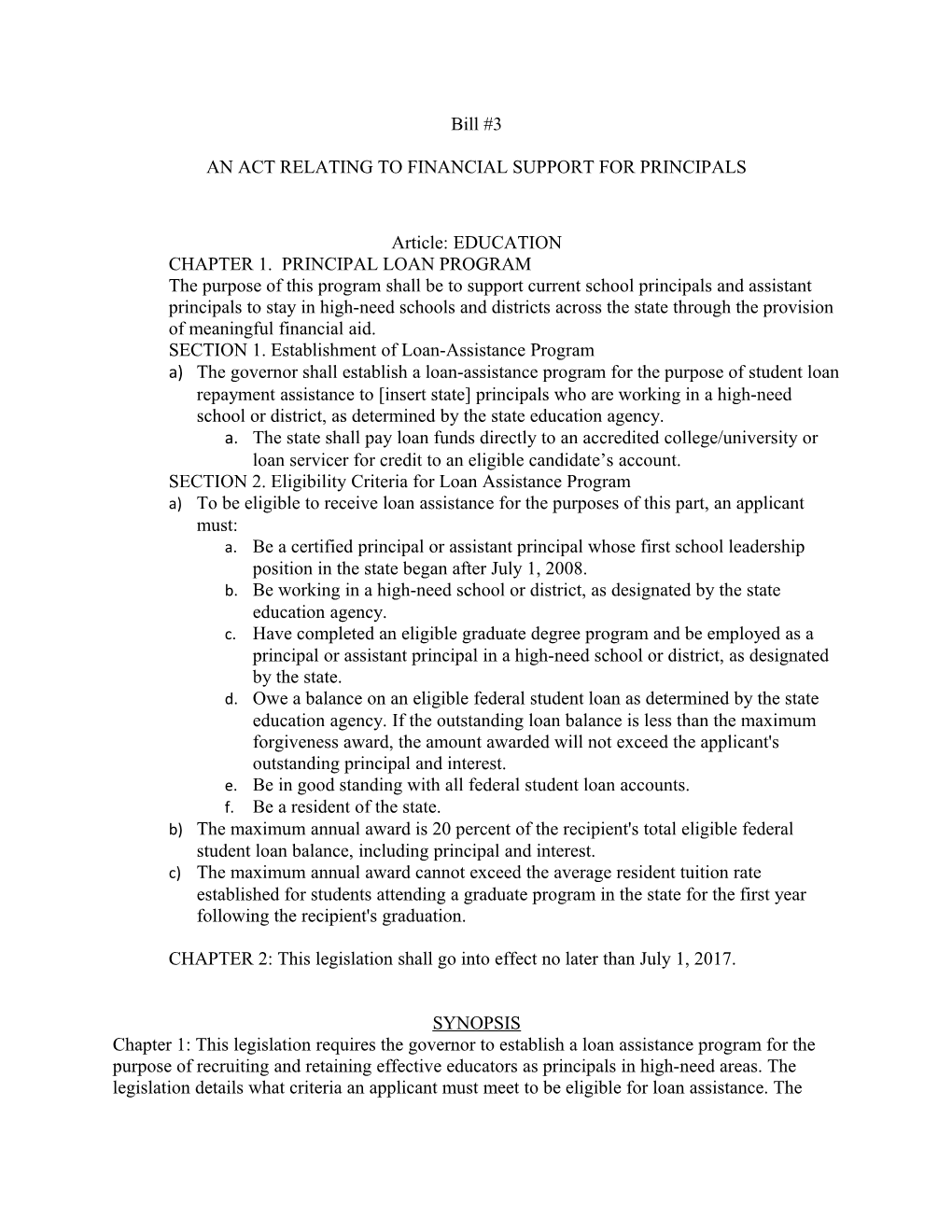 An Act Relating to Financial Support for Principals