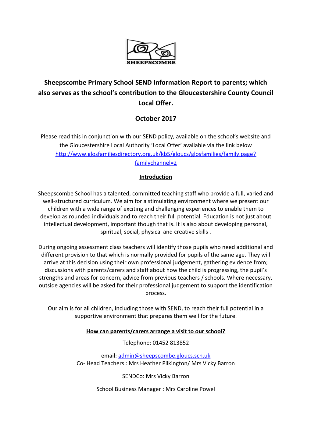 Sheepscombe Primary School SEND Information Report to Parents; Which Also Serves As The