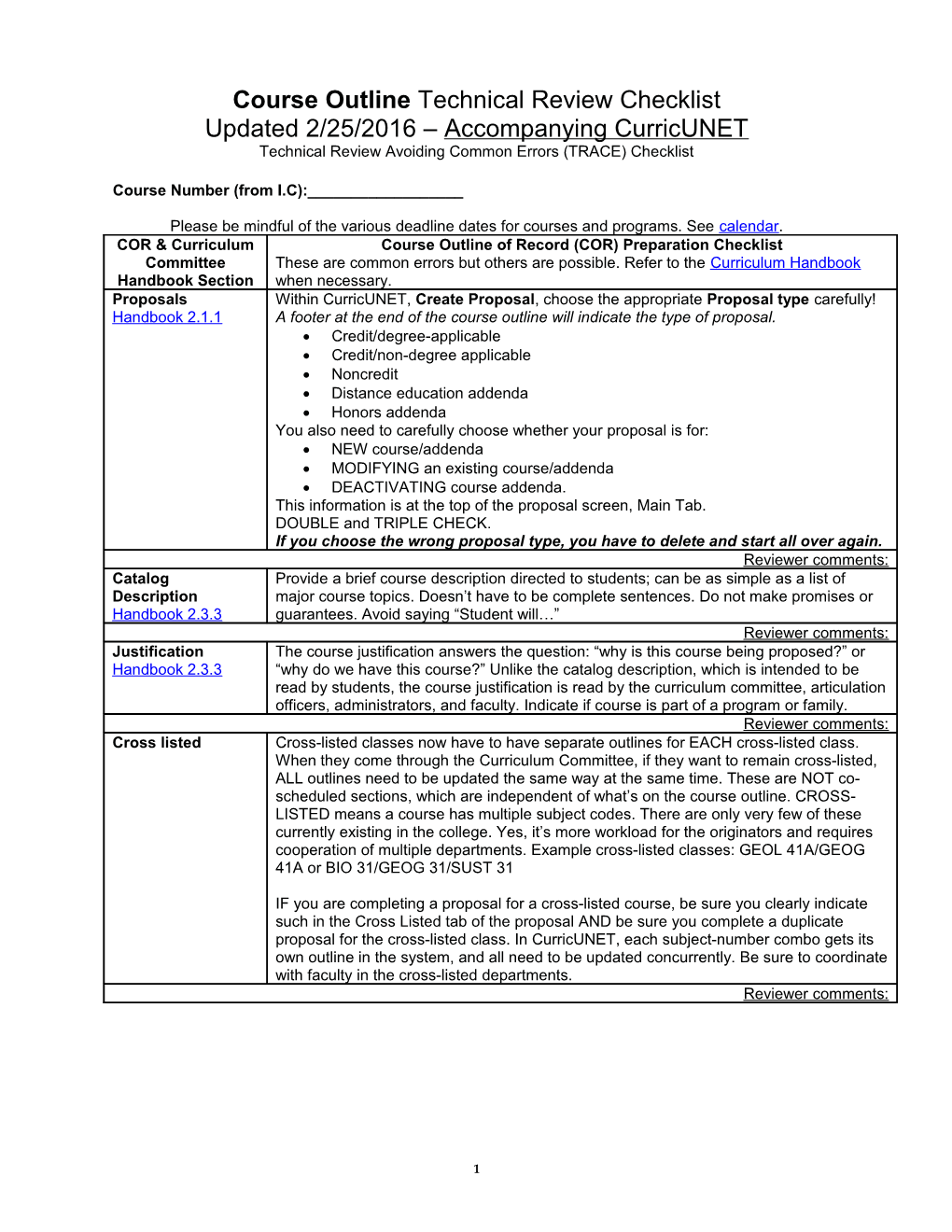 Course Outlinetechnical Review Checklist Updated 2/25/2016 Accompanying Curricunet