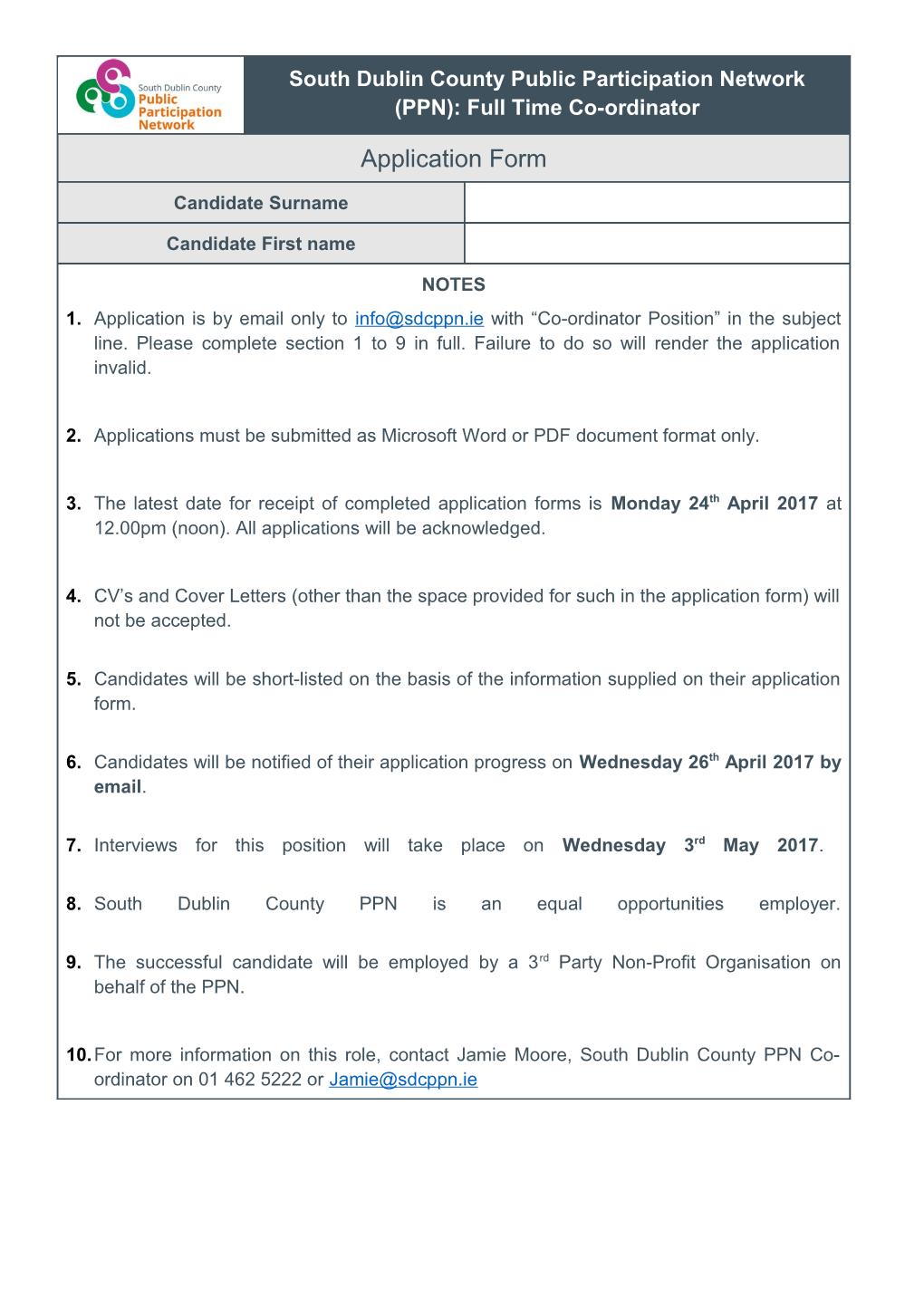 Application Form Co-Ordinator South Dublin County Public Participation Network