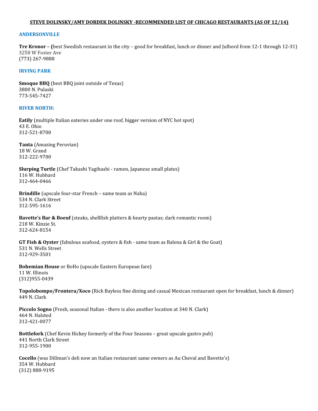 Steve Dolinsky/Amy Dordek Dolinsky-Recommended List of Chicago Restaurants (As of 12/14)