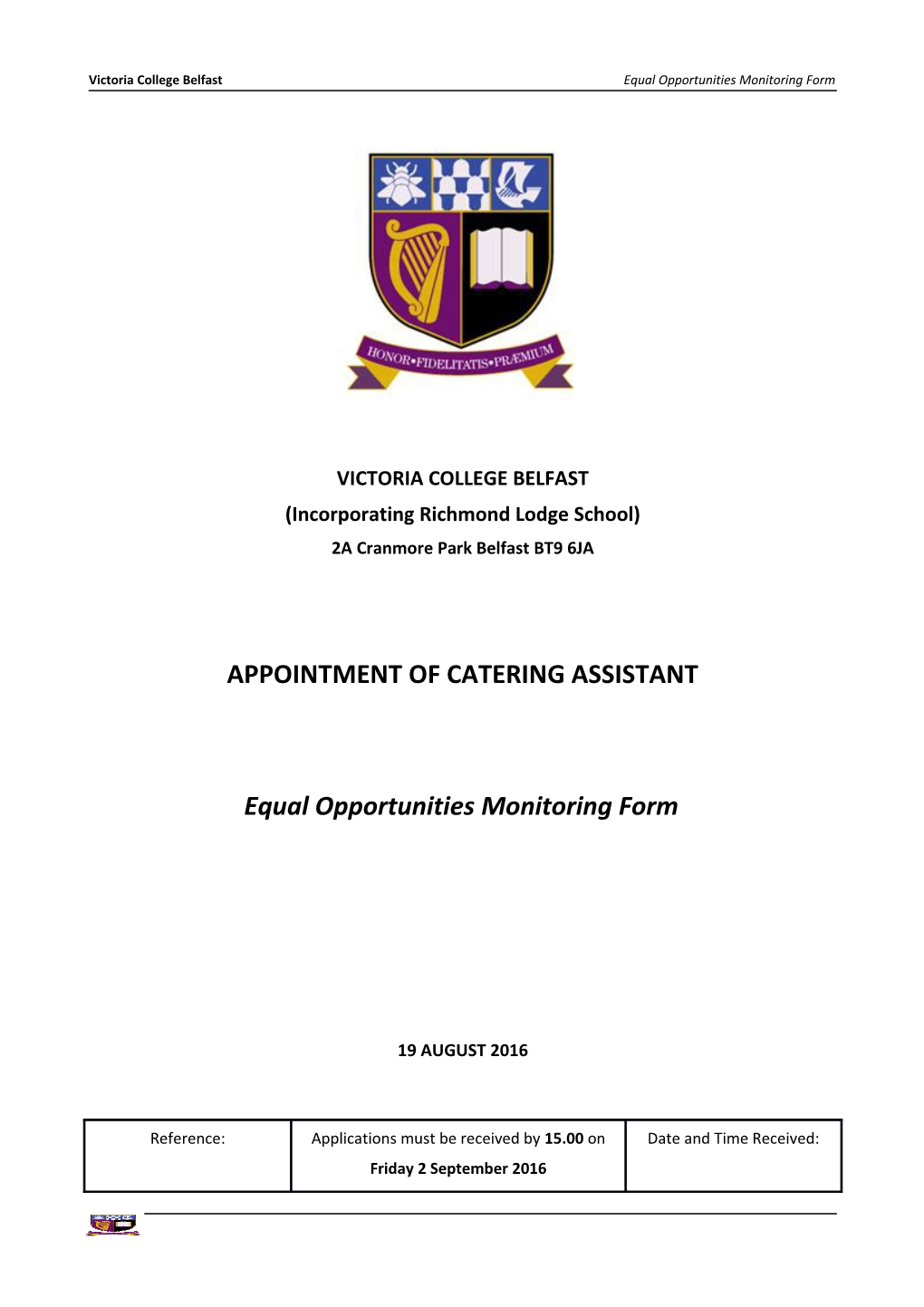 Victoria College Belfast Equal Opportunities Monitoring Form