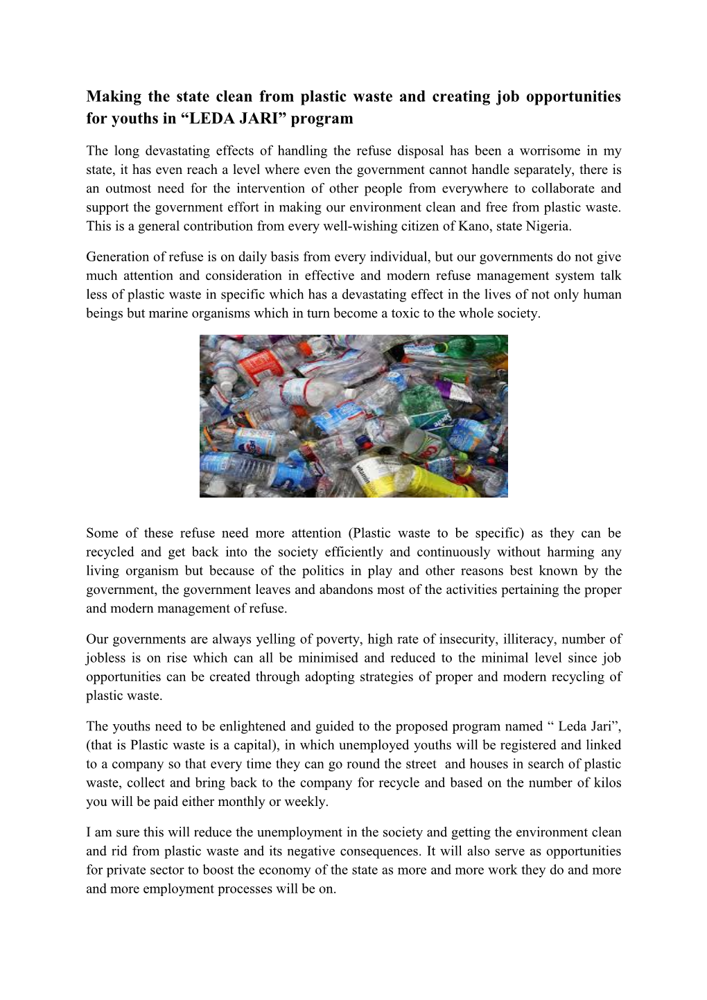 Making the State Clean from Plastic Waste and Creating Job Opportunities for Youths In