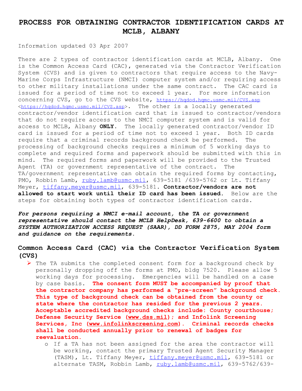 Process for Obtaining Contractor Identification Cards at Mclb, Albany