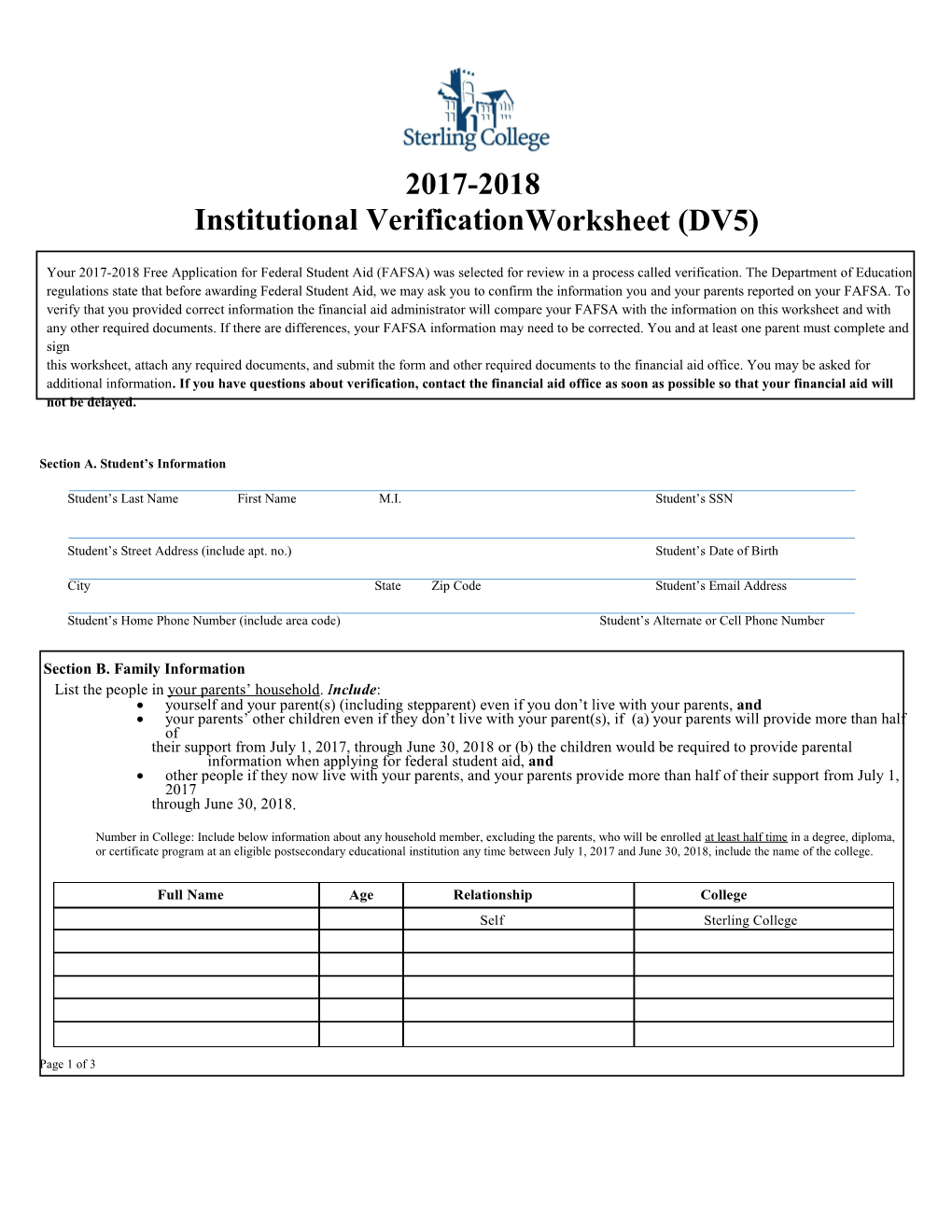 Institutional Verificationworksheet (DV5)