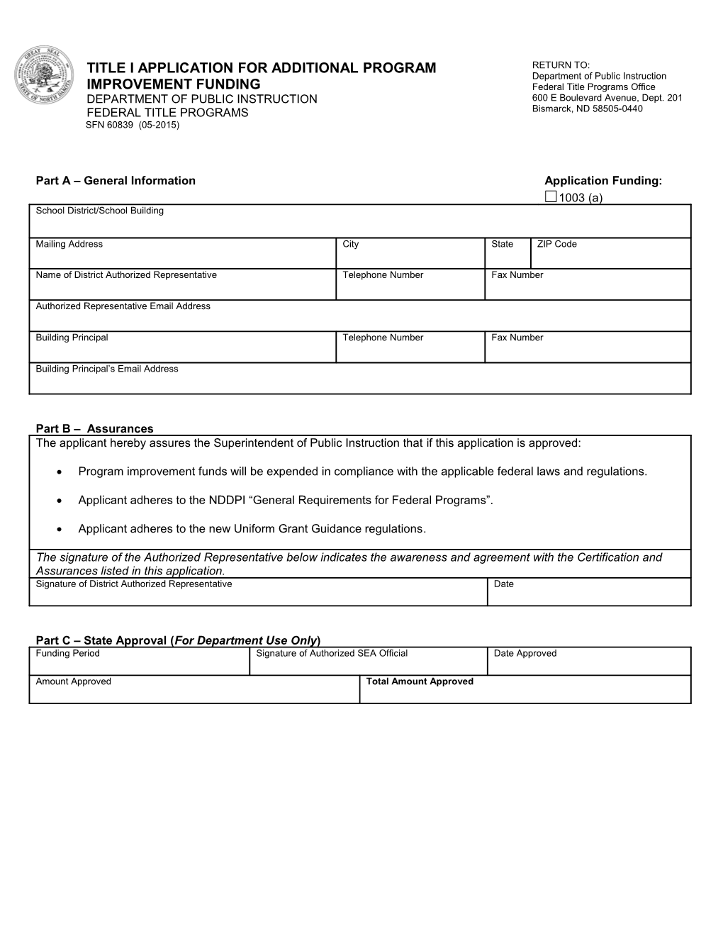 Title I Application for Additional Program Improvement Funding