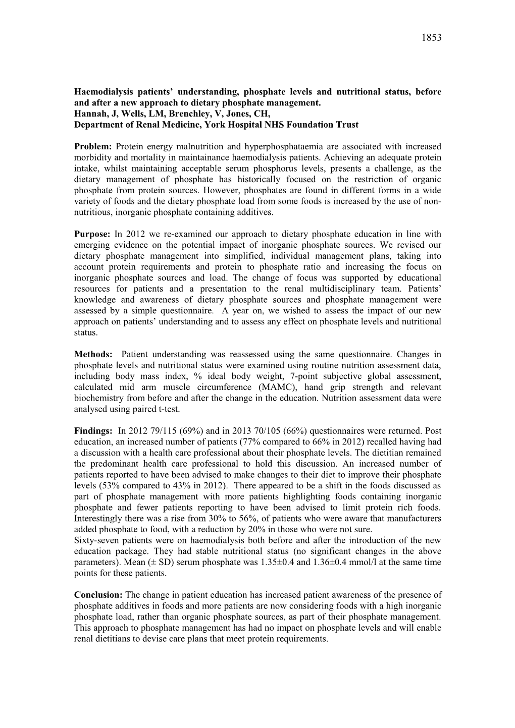 Low Phosphate Levels and Poor Nutritional Status Is There a Link