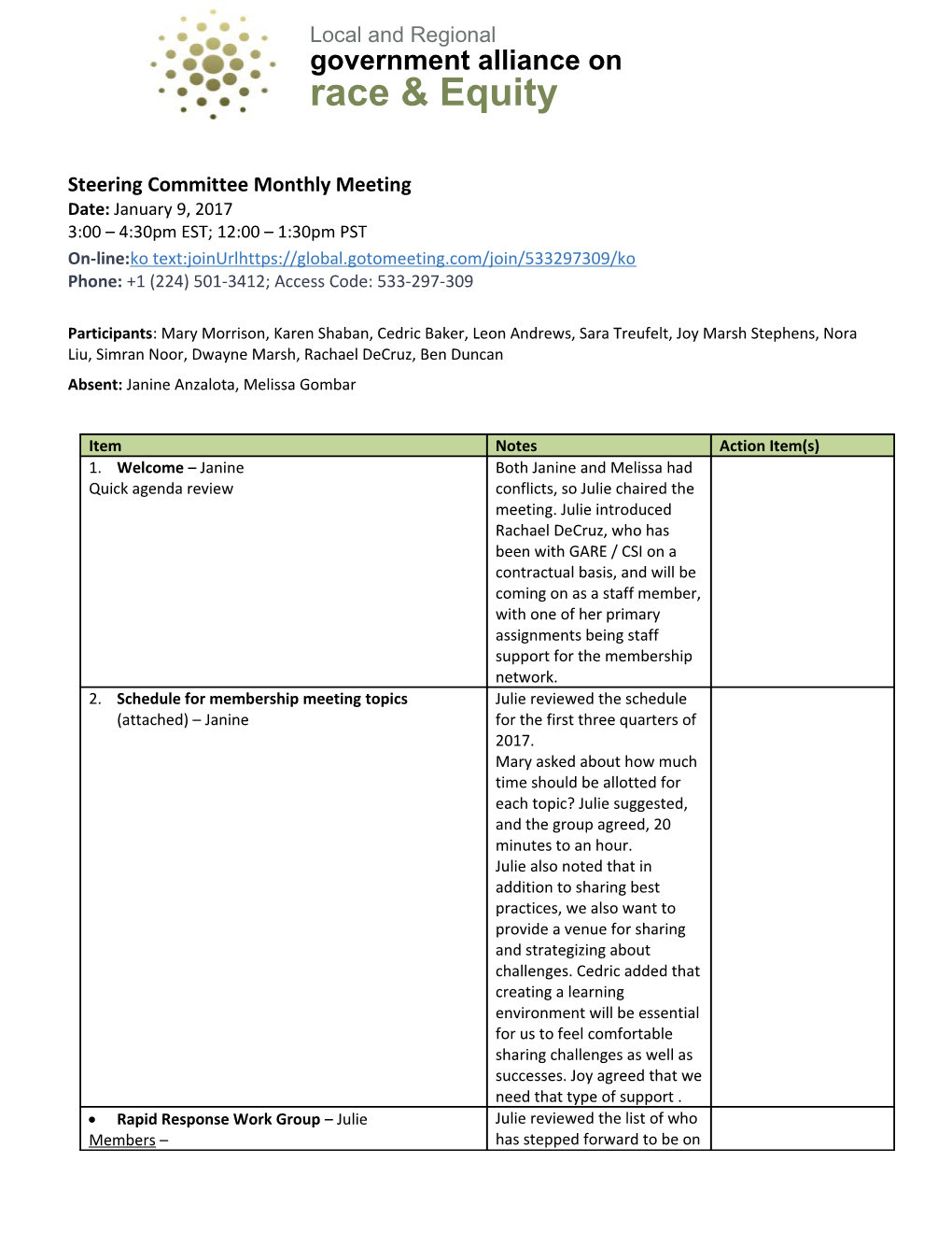 Steering Committee Monthly Meeting