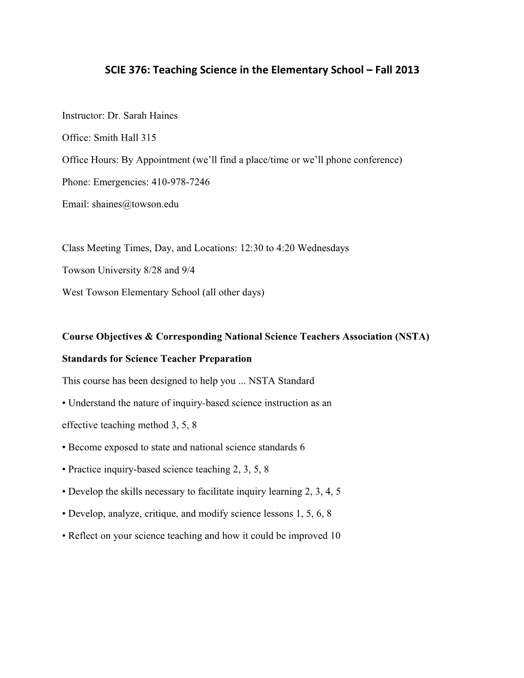 SCIE 376: Teaching Science in the Elementary School Fall 2013