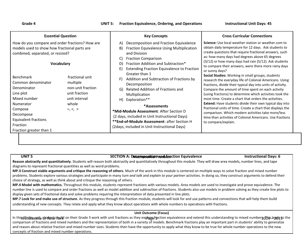 Grade 4 UNIT5: Fraction Equivalence, Ordering, and Operations Instructional Unit Days: 45