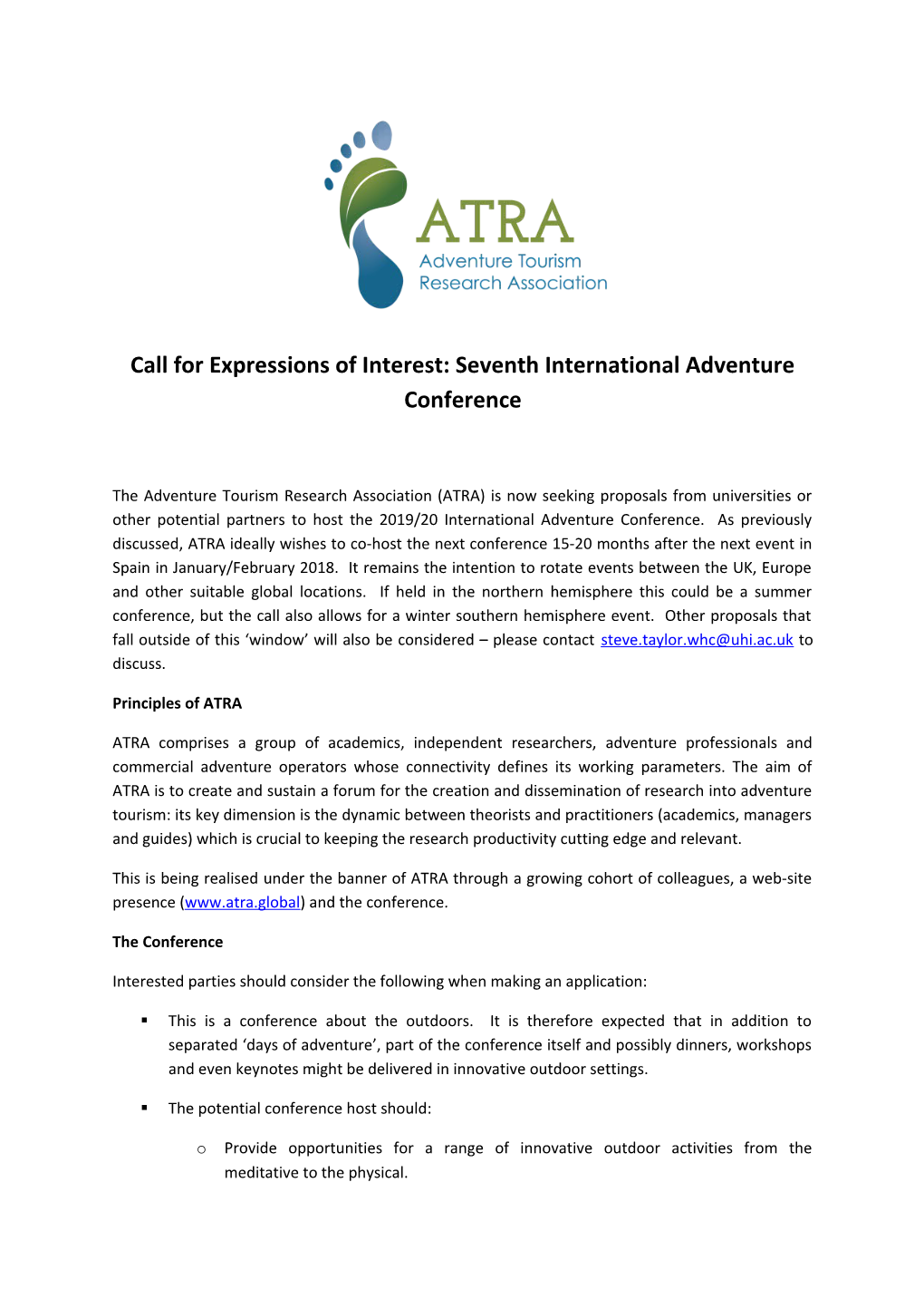 Call for Expressions of Interest: Seventh International Adventure Conference