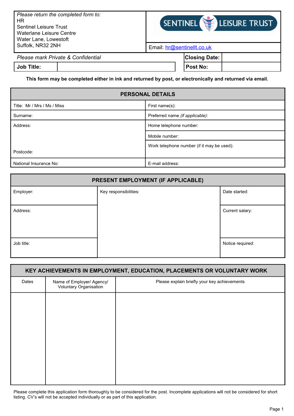 This Form May Be Completed Either in Inkand Returned by Post, Or Electronically and Returned