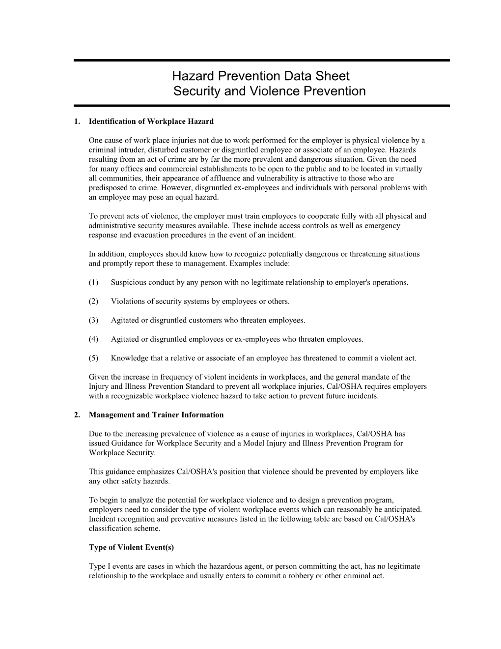 Hazard Prevention Data Sheet Security and Violence Prevention