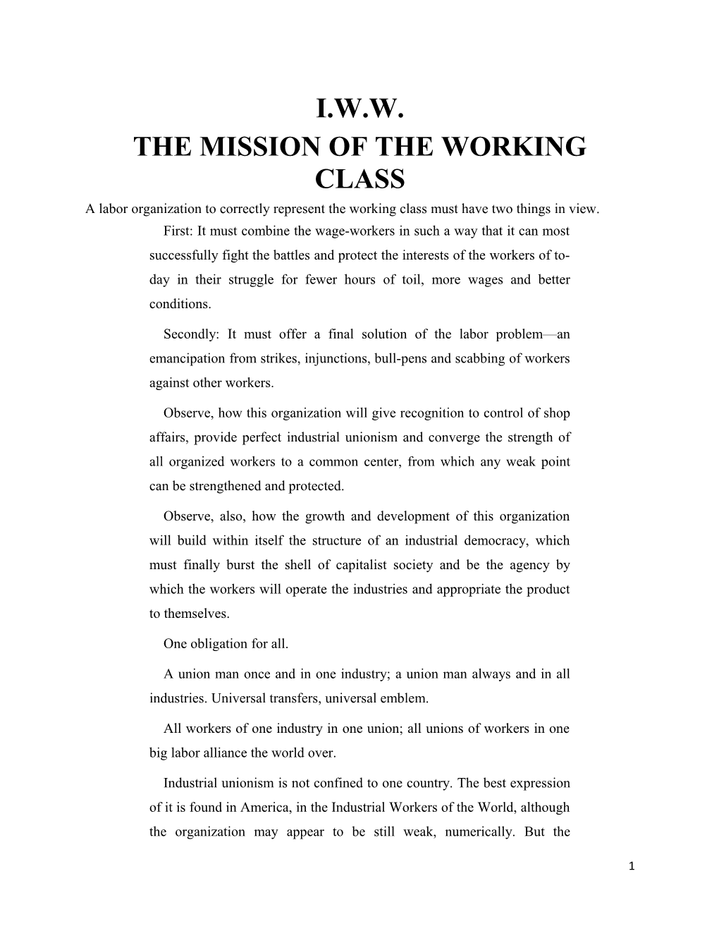 The Mission of the Working Class