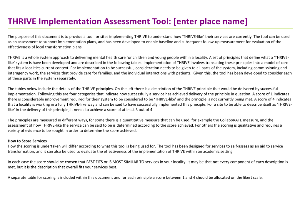 THRIVE Implementation Assessment Tool: Enter Place Name