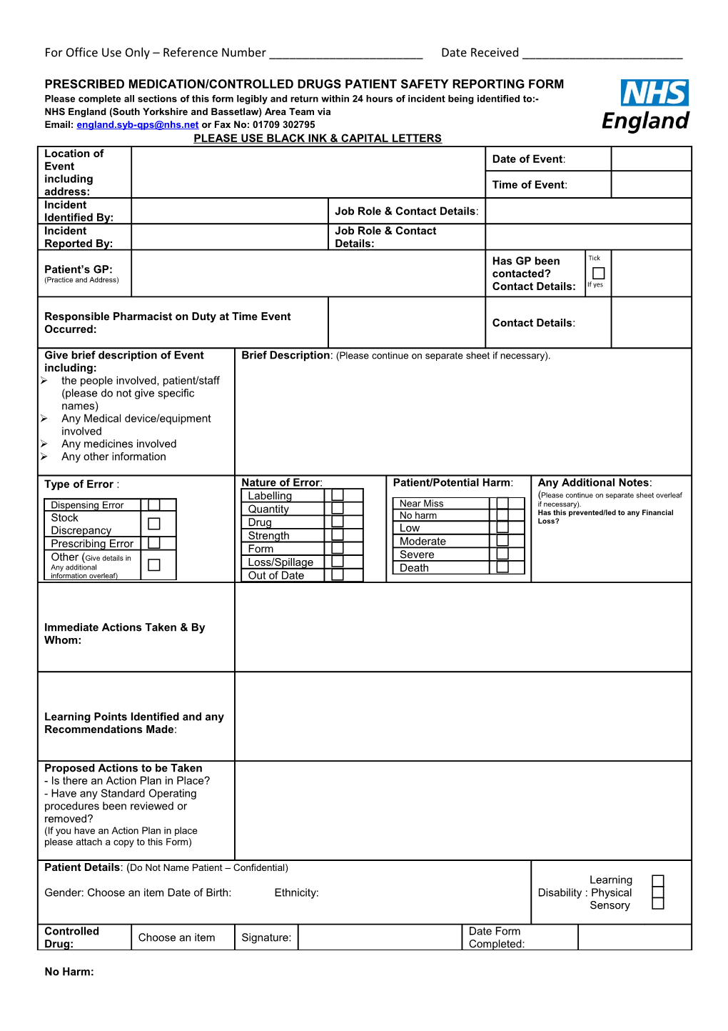 Prescribed Medication/Controlled Drugs Patient Safety Reporting Form