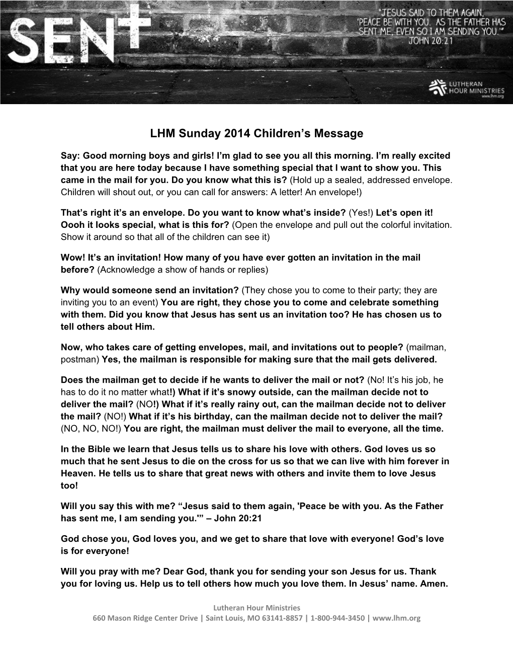 LHM Sunday 2014 Children S Message